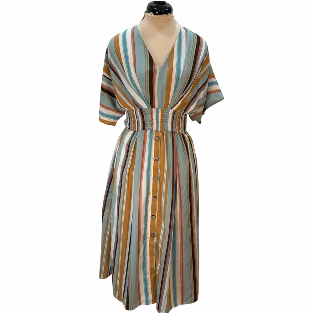 Oddy Multicolor Stripe Midi Dress | Smocked Waist | Button Front  | Size S - Picture 2 of 7